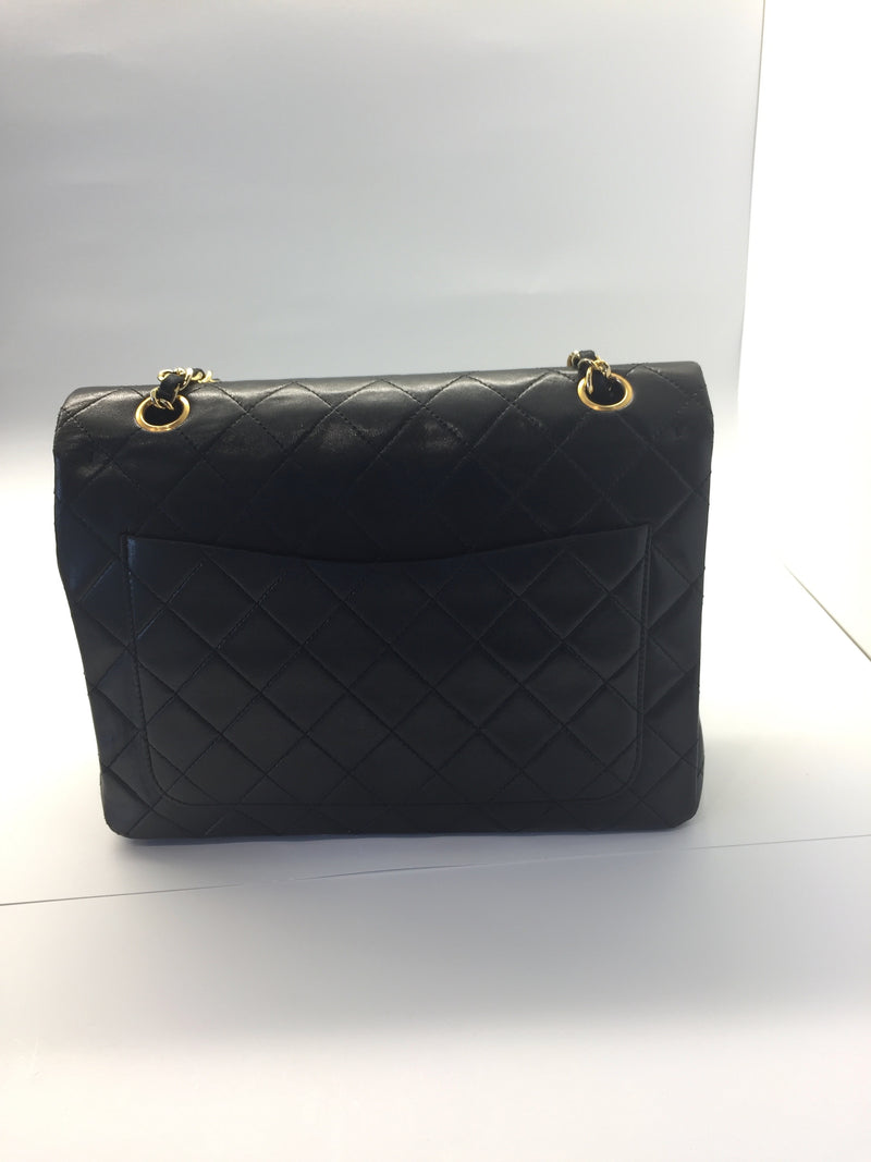 Sold-CHANEL Classic Lambskin Double Chain Double Flap Bag Medium black/gold