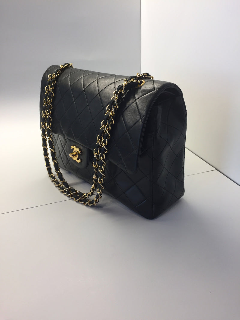 Sold-CHANEL Classic Lambskin Double Chain Double Flap Bag Medium black/gold