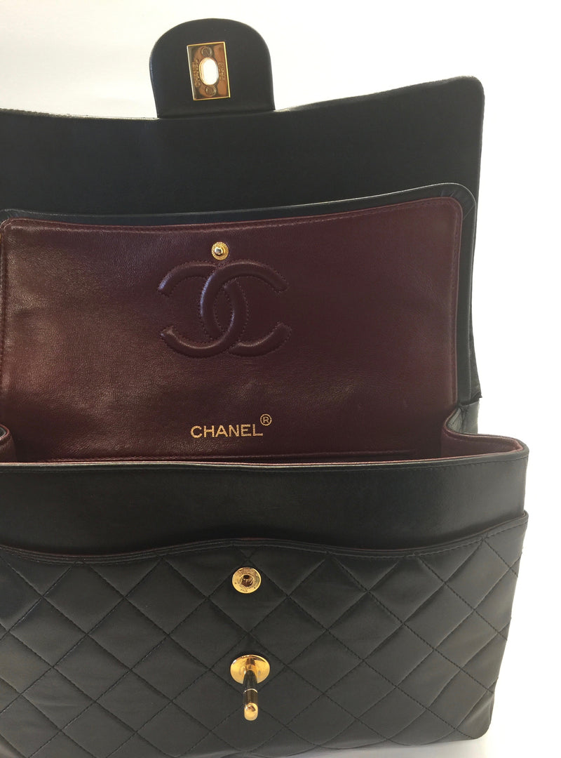 Sold-CHANEL Classic Lambskin Double Chain Double Flap Bag Medium black/gold