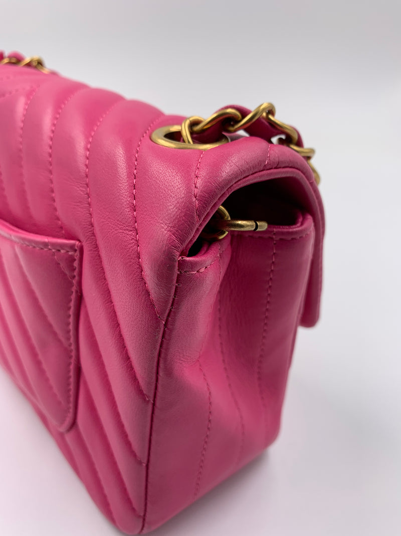 CHANEL Lambskin Chevron Mini Rectangular Pink with gold hardware