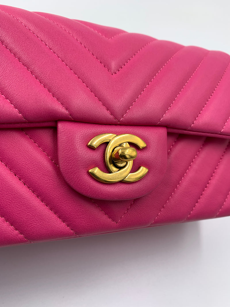 CHANEL Lambskin Chevron Mini Rectangular Pink with gold hardware