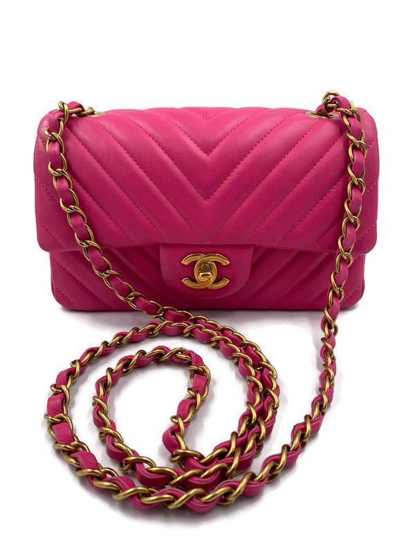 CHANEL Lambskin Chevron Mini Rectangular Pink with gold hardware