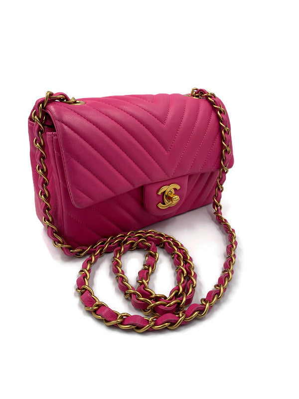 CHANEL Lambskin Chevron Mini Rectangular Pink with gold hardware