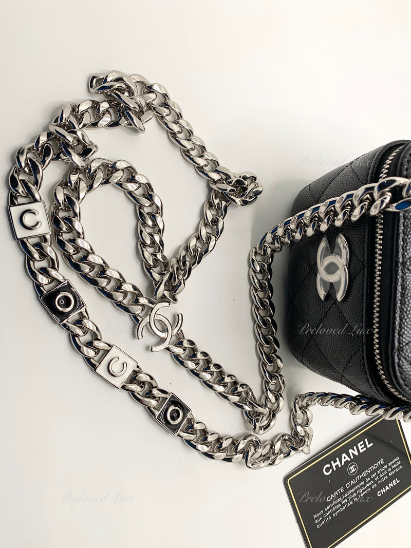 CHANEL Caviar Black Mini Vanity Case Coco Thick Chain Bag  Silver Hardware