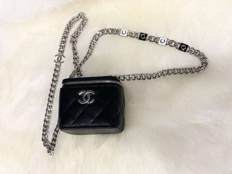 CHANEL Caviar Black Mini Vanity Case Coco Thick Chain Bag  Silver Hardware