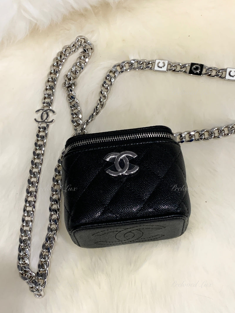 CHANEL Caviar Black Mini Vanity Case Coco Thick Chain Bag  Silver Hardware