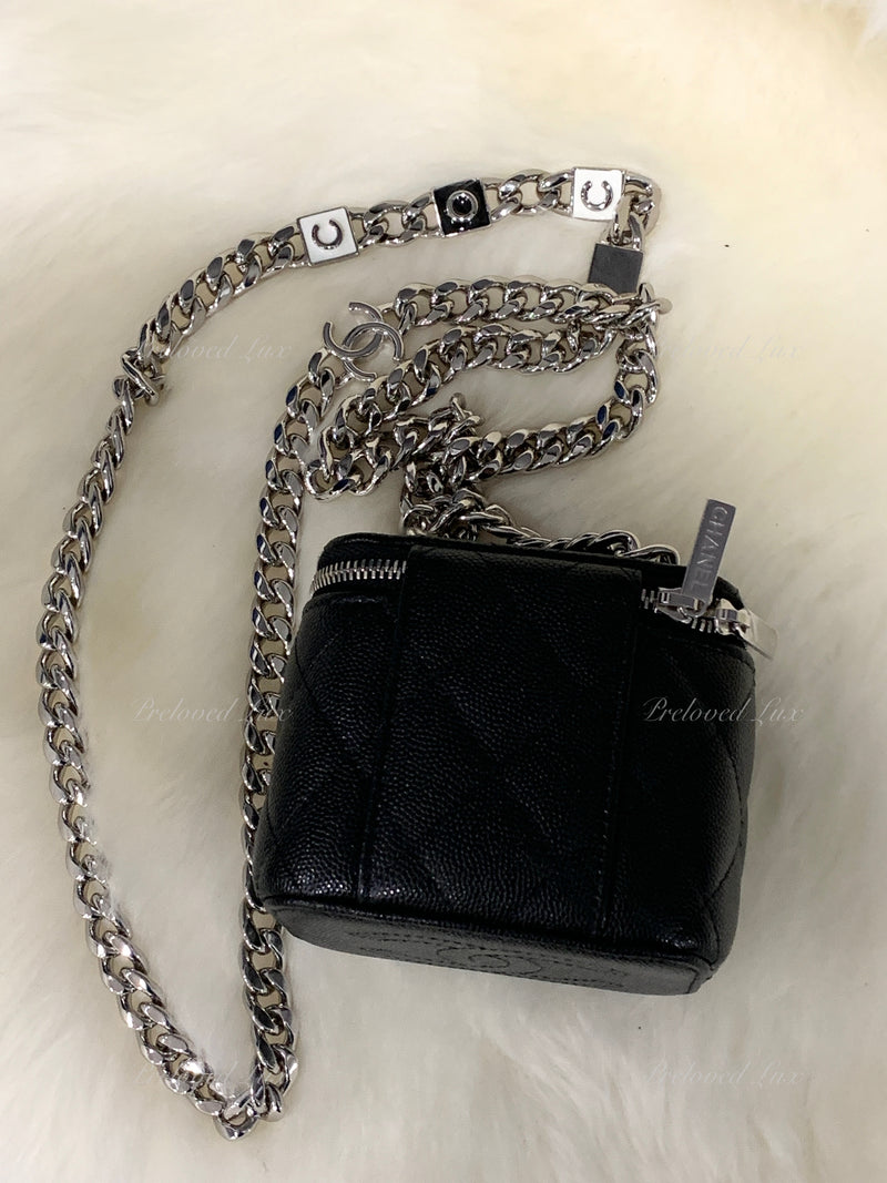 CHANEL Caviar Black Mini Vanity Case Coco Thick Chain Bag  Silver Hardware