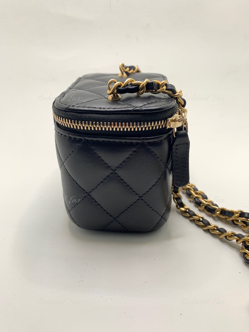 CHANEL Black Lambskin Leather threaded Pearl Crush Mini Vanity Case Chain Bag Gold Hardware