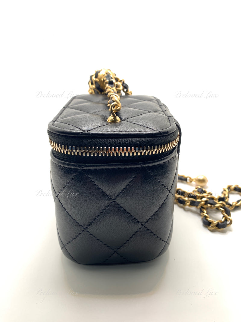 CHANEL Black Lambskin Leather threaded Pearl Crush Mini Vanity Case Chain Bag Gold Hardware