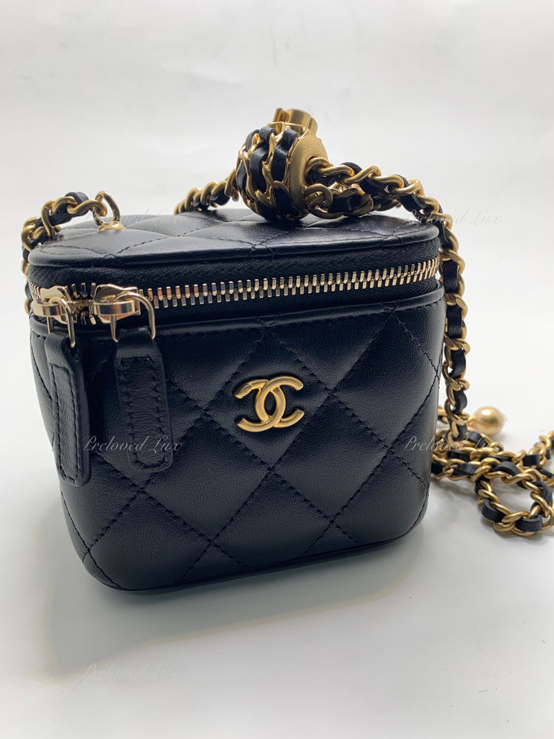 CHANEL Black Lambskin Leather threaded Pearl Crush Mini Vanity Case Chain Bag Gold Hardware