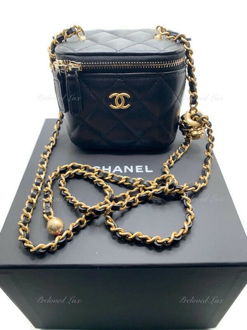 CHANEL Black Lambskin Leather threaded Pearl Crush Mini Vanity Case Chain Bag Gold Hardware