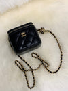 CHANEL Black Lambskin Leather threaded Pearl Crush Mini Vanity Case Chain Bag Gold Hardware