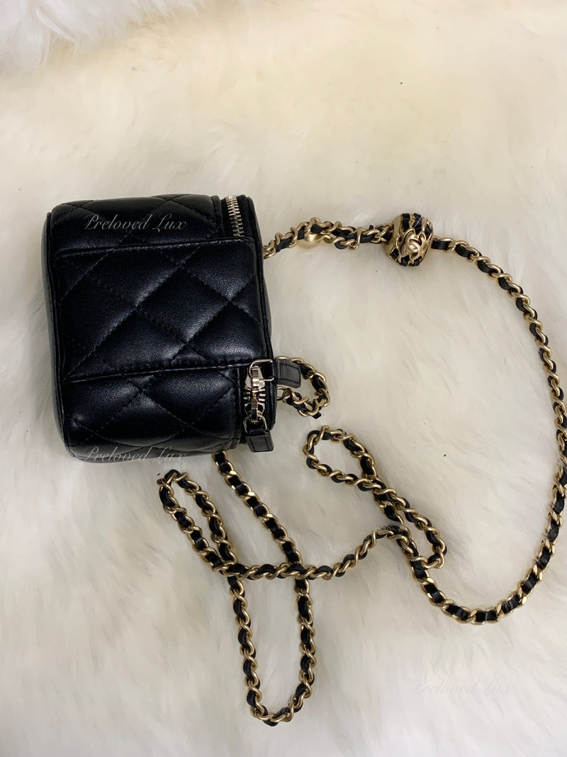 CHANEL Black Lambskin Leather threaded Pearl Crush Mini Vanity Case Chain Bag Gold Hardware