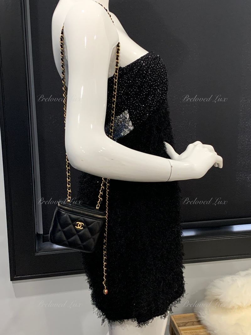 CHANEL Black Lambskin Leather threaded Pearl Crush Mini Vanity Case Chain Bag Gold Hardware