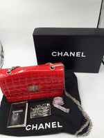 Sold-CHANEL Patent Leather Chocolate Bar Flap Bag red/silver