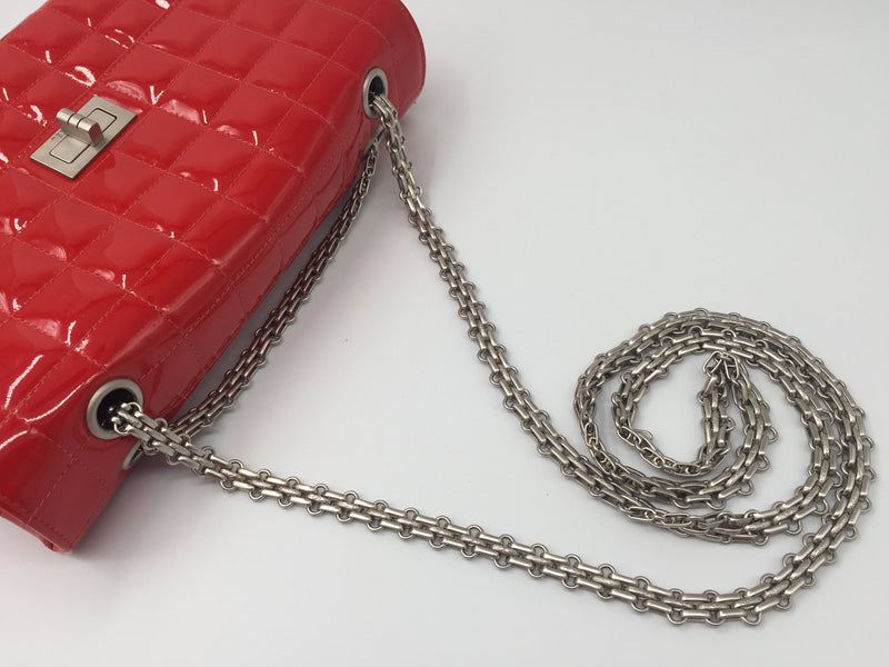 Sold-CHANEL Patent Leather Chocolate Bar Flap Bag red/silver