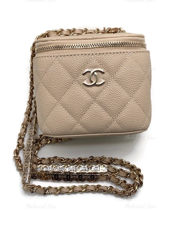 CHANEL Caviar Beige Mini Square Vanity Case CC Chain Bag Gold Hardware