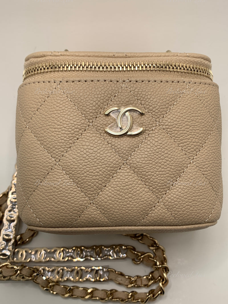 CHANEL Caviar Beige Mini Square Vanity Case CC Chain Bag Gold Hardware