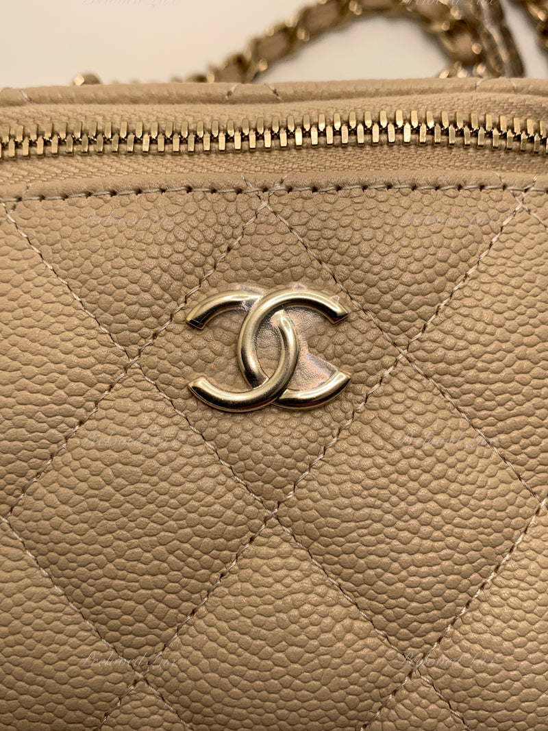 CHANEL Caviar Beige Mini Square Vanity Case CC Chain Bag Gold Hardware