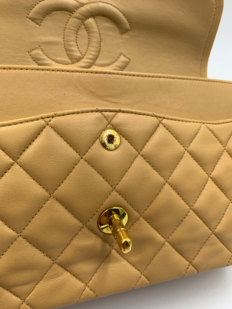 Sold-CHANEL Classic Lambskin Double Chain Double Flap Medium Shoulder Bag- beige/gold