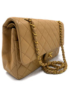 Sold-CHANEL Classic Lambskin Double Chain Double Flap Medium Shoulder Bag- beige/gold