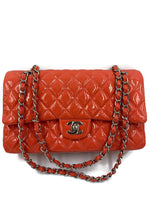 CHANEL Classic Double Chain Double Flap Pink Medium Shoulder Bag- Silver Hardware - Patent Leather