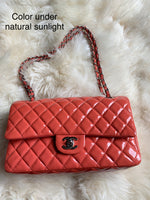 CHANEL Classic Double Chain Double Flap Pink Medium Shoulder Bag- Silver Hardware - Patent Leather