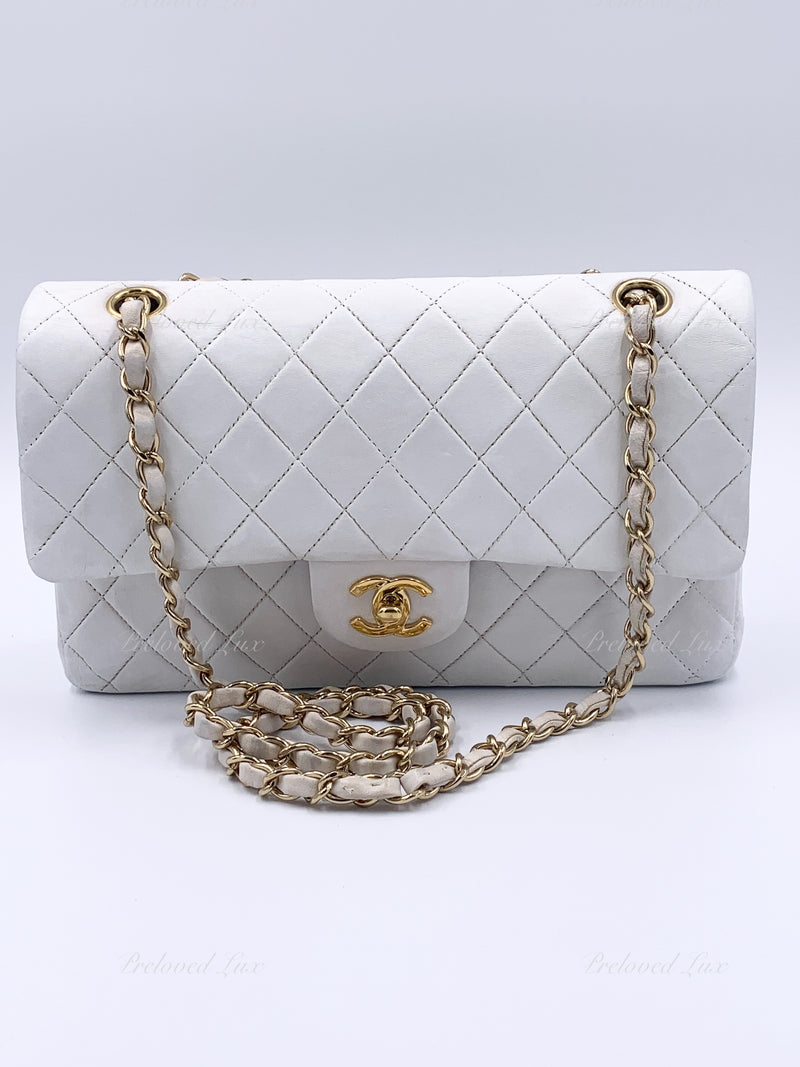 Sold-CHANEL Classic Medium Lambskin Double Chain Double Flap Bag white/gold hardware Vintage