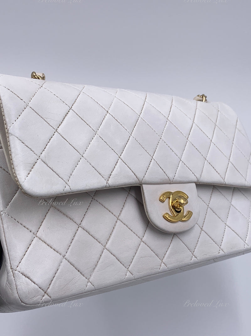 Sold-CHANEL Classic Medium Lambskin Double Chain Double Flap Bag white/gold hardware Vintage