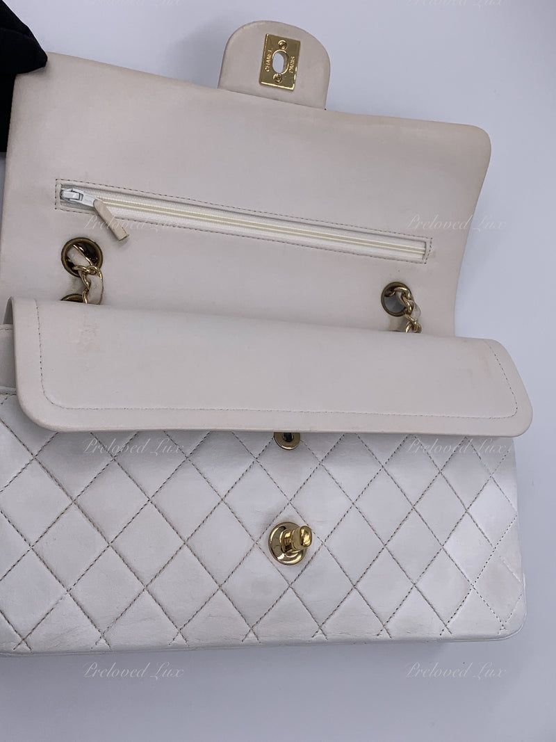 Sold-CHANEL Classic Medium Lambskin Double Chain Double Flap Bag white/gold hardware Vintage