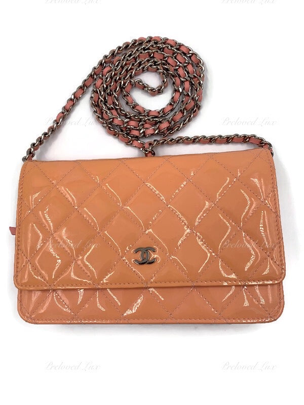 CHANEL Patent Leather Wallet-on-the-chain WOC Crossbody Flap Bag - Peach / pink