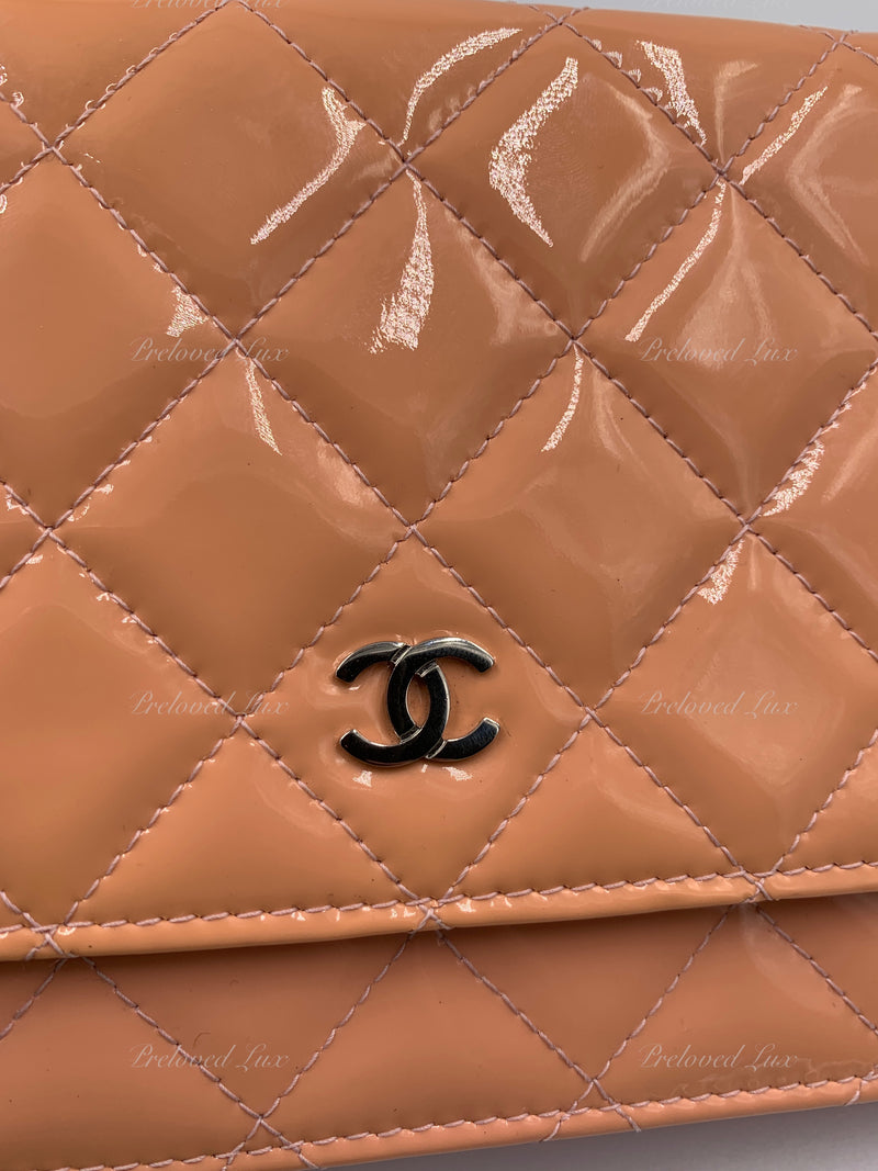 CHANEL Patent Leather Wallet-on-the-chain WOC Crossbody Flap Bag - Peach / pink