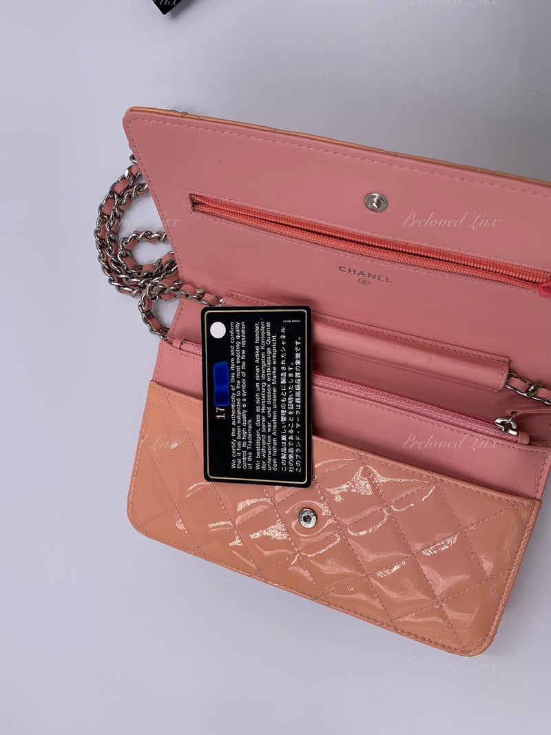 CHANEL Patent Leather Wallet-on-the-chain WOC Crossbody Flap Bag - Peach / pink