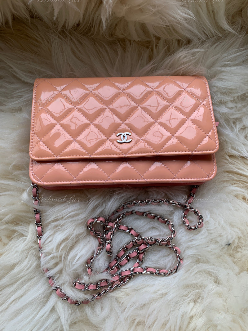 CHANEL Patent Leather Wallet-on-the-chain WOC Crossbody Flap Bag - Peach / pink