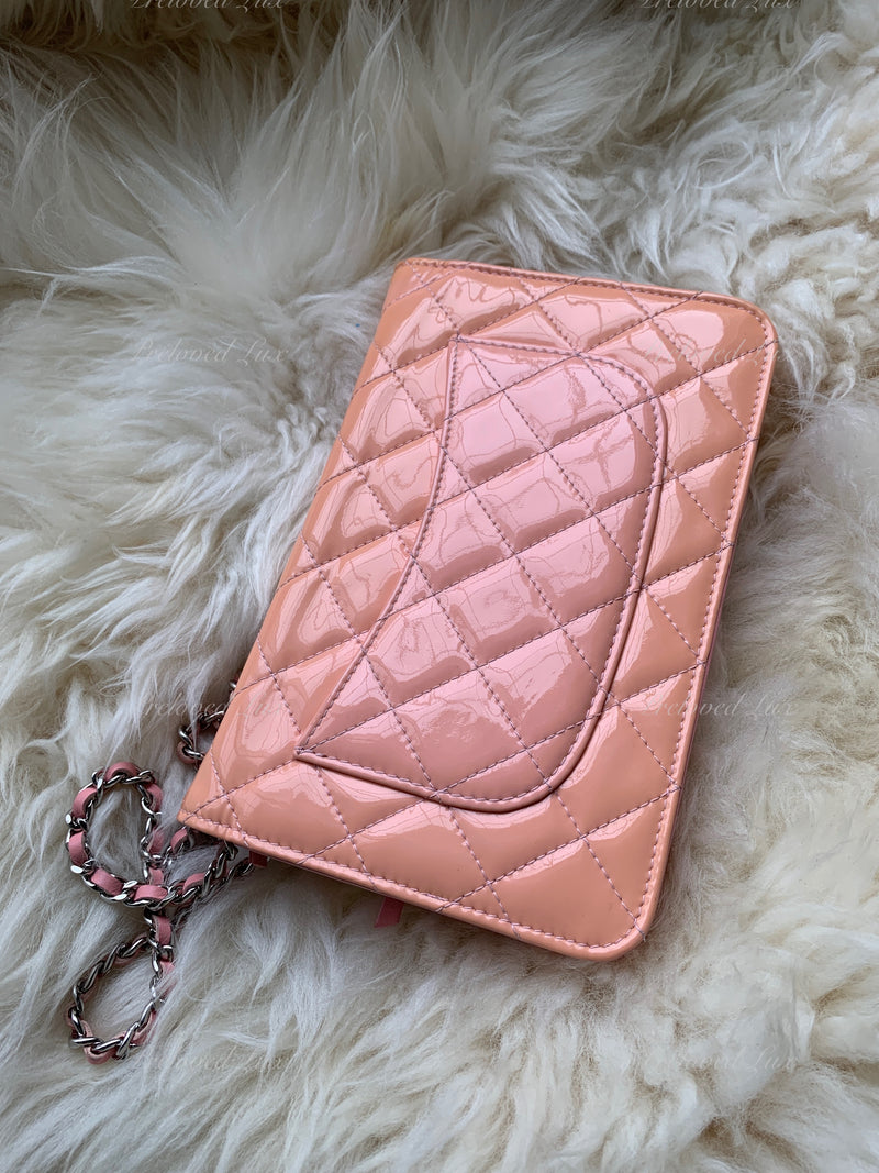 CHANEL Patent Leather Wallet-on-the-chain WOC Crossbody Flap Bag - Peach / pink