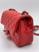 Sold-CHANEL Classic Mini Rectangular Red Shoulder Bag- Silver Hardware Patent Leather