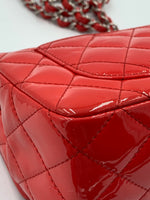 Sold-CHANEL Classic Mini Rectangular Red Shoulder Bag- Silver Hardware Patent Leather