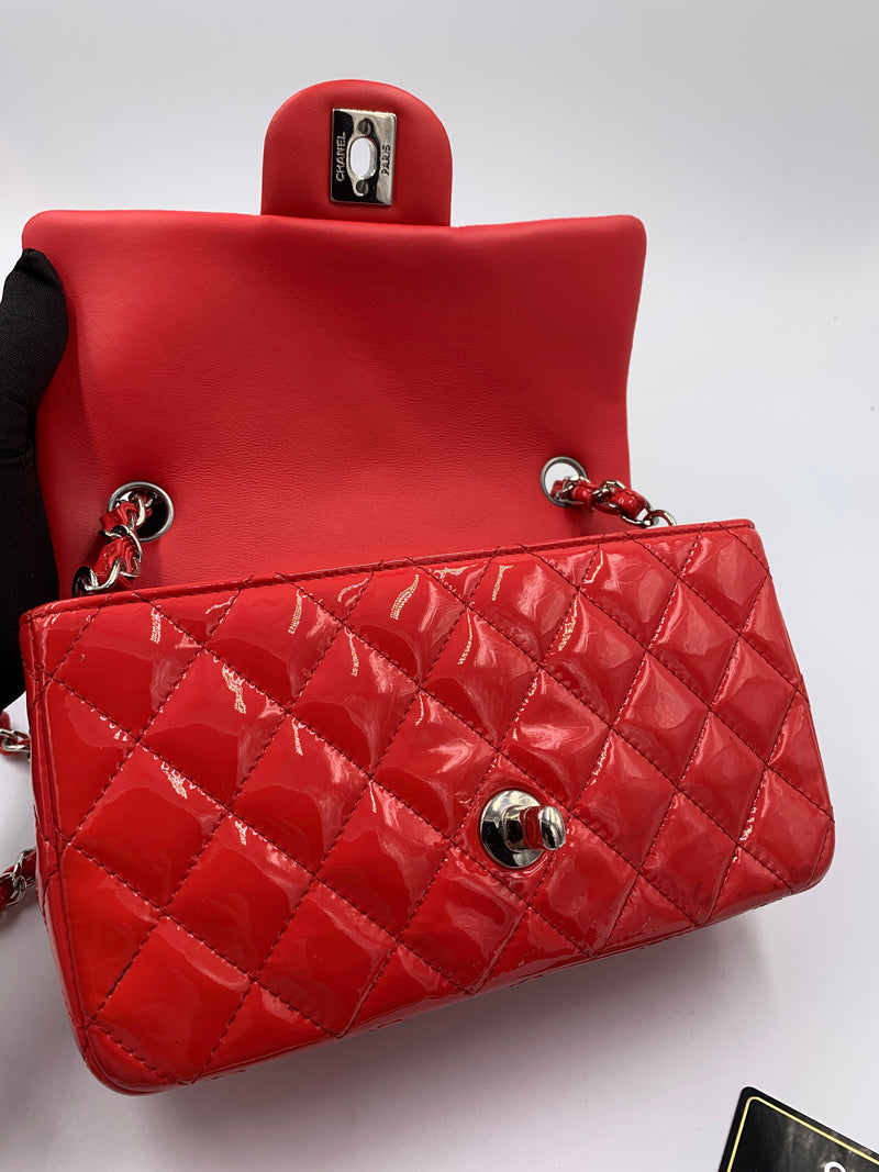 Sold-CHANEL Classic Mini Rectangular Red Shoulder Bag- Silver Hardware Patent Leather