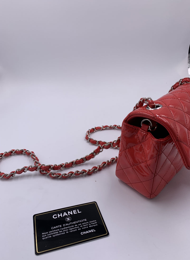 Sold-CHANEL Classic Mini Rectangular Red Shoulder Bag- Silver Hardware Patent Leather