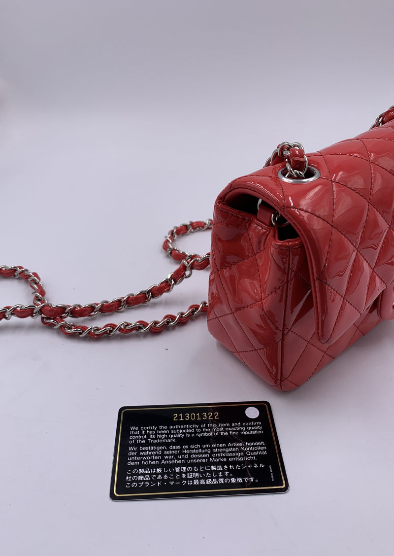 Sold-CHANEL Classic Mini Rectangular Red Shoulder Bag- Silver Hardware Patent Leather