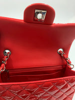 Sold-CHANEL Classic Mini Rectangular Red Shoulder Bag- Silver Hardware Patent Leather