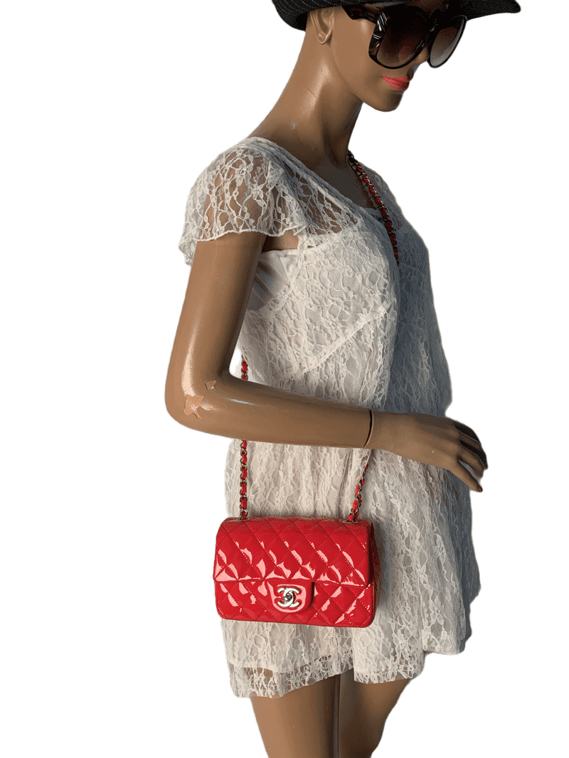 Sold-CHANEL Classic Mini Rectangular Red Shoulder Bag- Silver Hardware Patent Leather