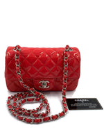 Sold-CHANEL Classic Mini Rectangular Red Shoulder Bag- Silver Hardware Patent Leather