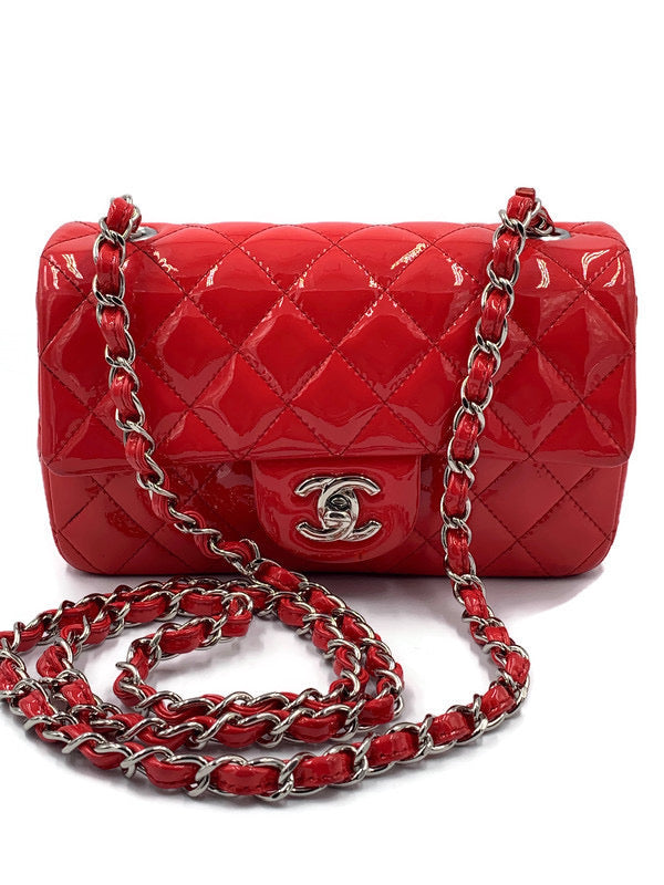 Sold-CHANEL Classic Mini Rectangular Red Shoulder Bag- Silver Hardware Patent Leather