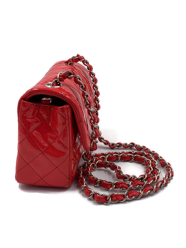 Sold-CHANEL Classic Mini Rectangular Red Shoulder Bag- Silver Hardware Patent Leather