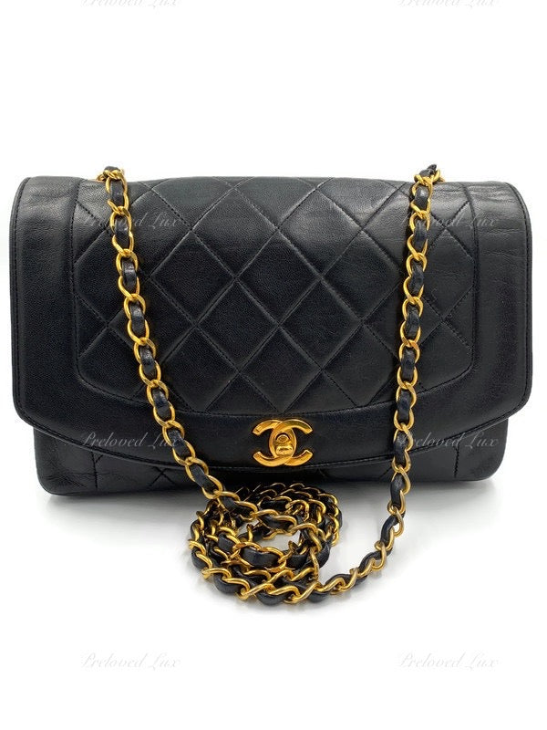 CHANEL Lambskin Medium Diana Single Chain Single Flap Bag Black gold hardware