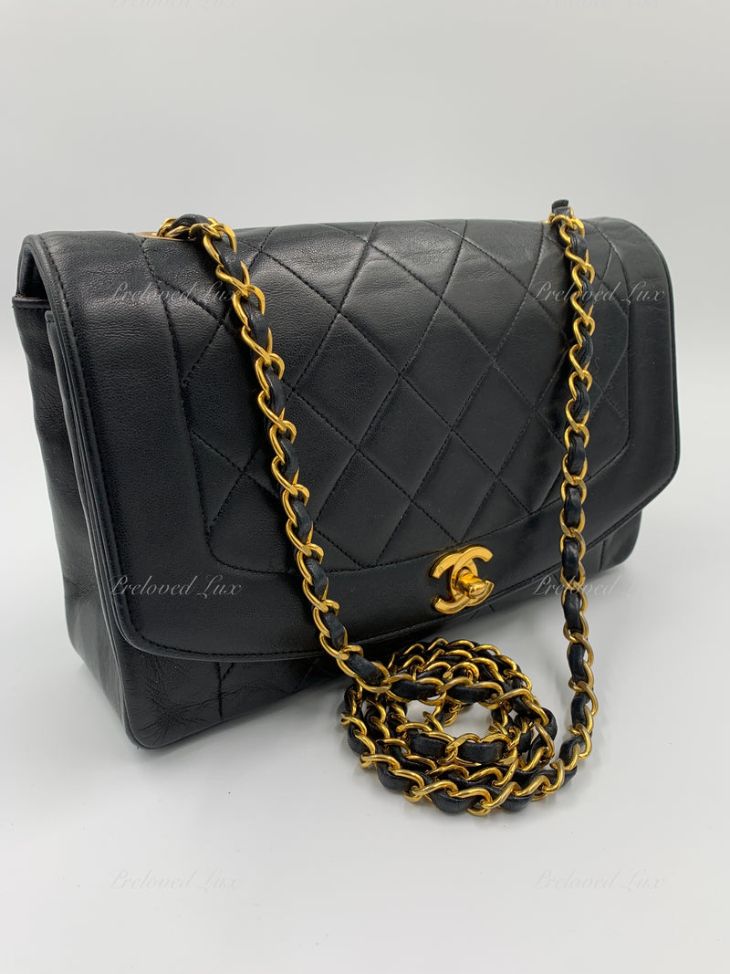 CHANEL Lambskin Medium Diana Single Chain Single Flap Bag Black gold hardware