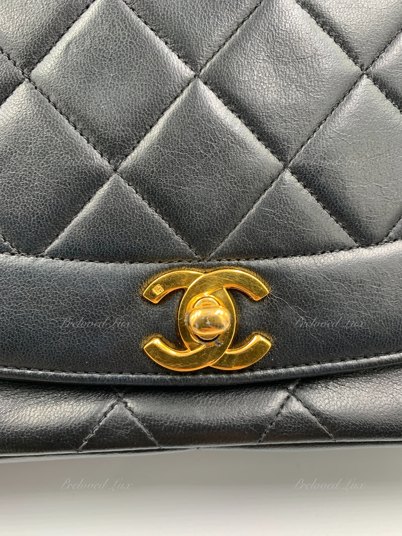 CHANEL Lambskin Medium Diana Single Chain Single Flap Bag Black gold hardware