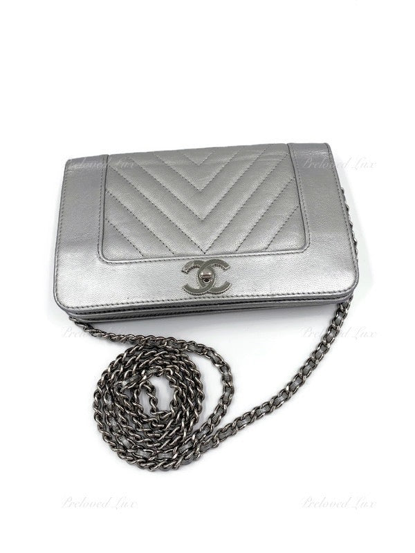 Sold-CHANEL Silver Calfskin Chevron Wallet-on-the-chain WOC Crossbody Flap Bag