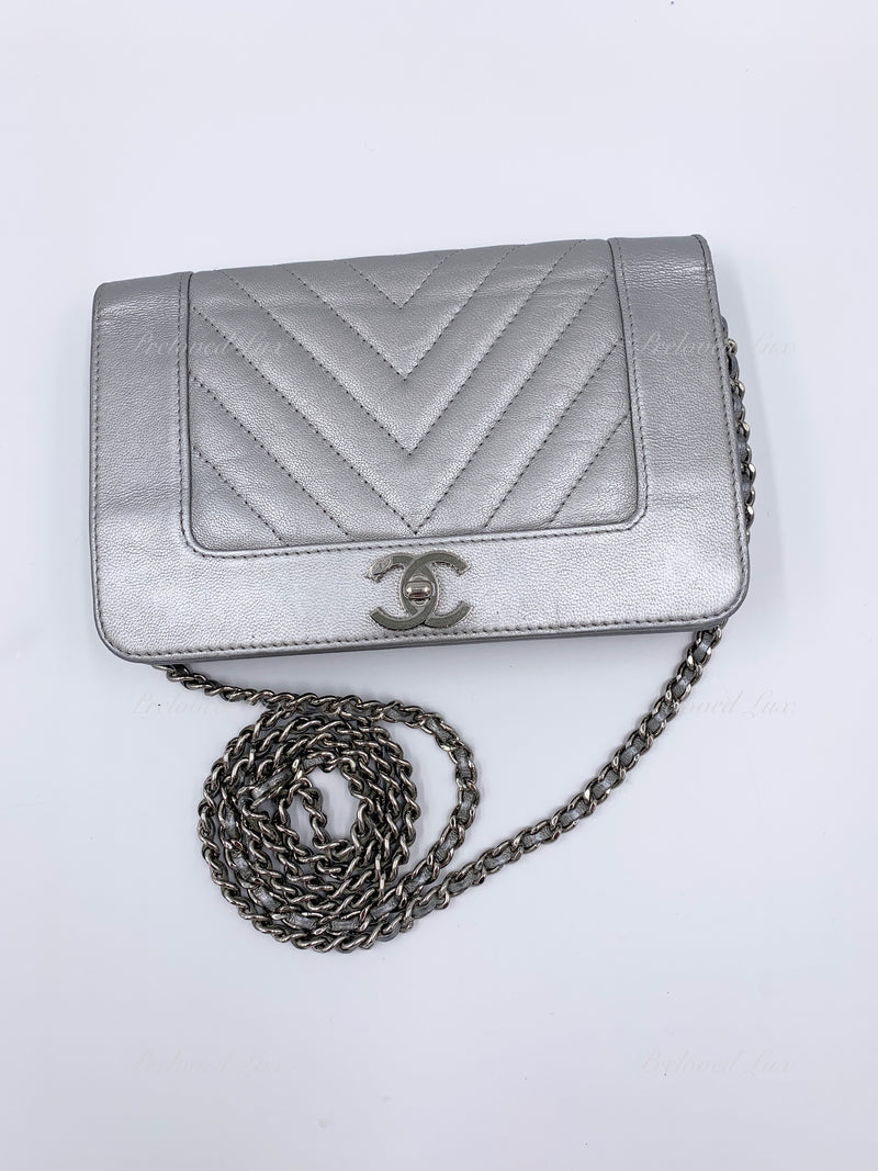 Sold-CHANEL Silver Calfskin Chevron Wallet-on-the-chain WOC Crossbody Flap Bag